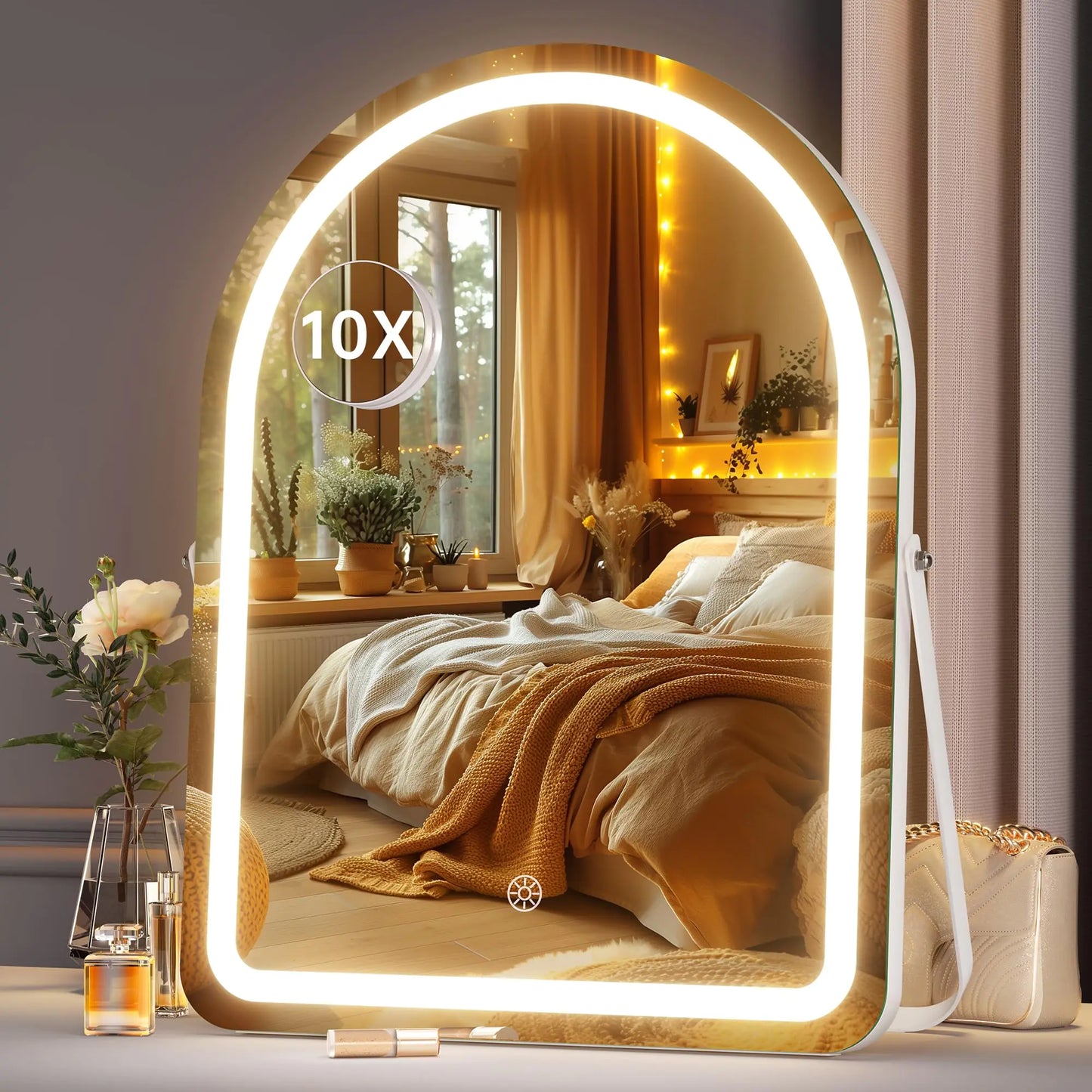 Hasipu Vanity Mirror with Lights 14"× 18" Arched LED Makeup Mirror Lighted Makeup Mirror with Lights Smart Touch Control Dimmable 3 Modes Light 360°Rotation White